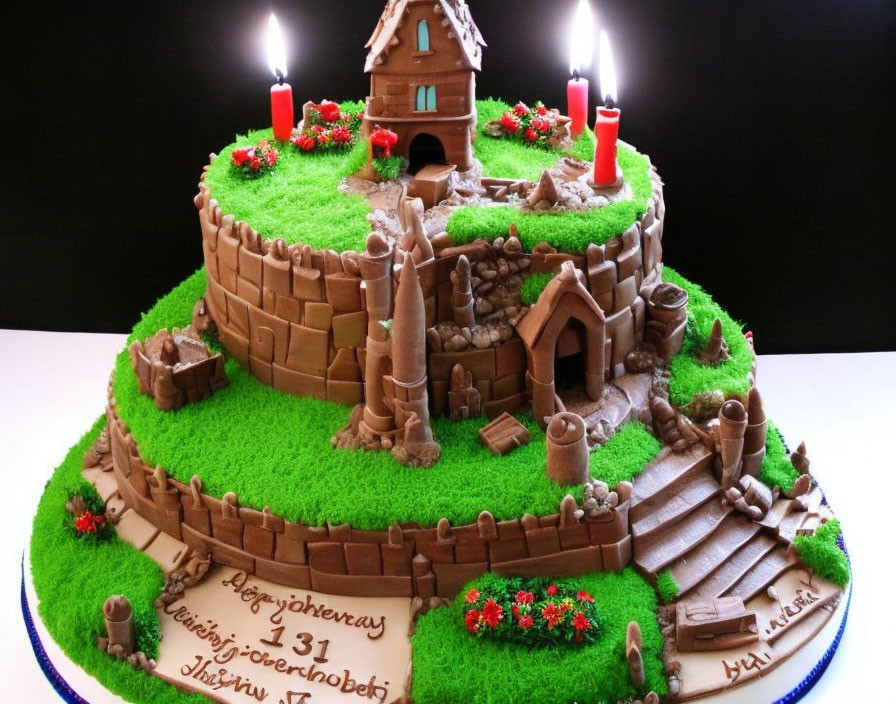 Fantasy-themed cake with house, fence, stairs, candle towers, and grassy icing.