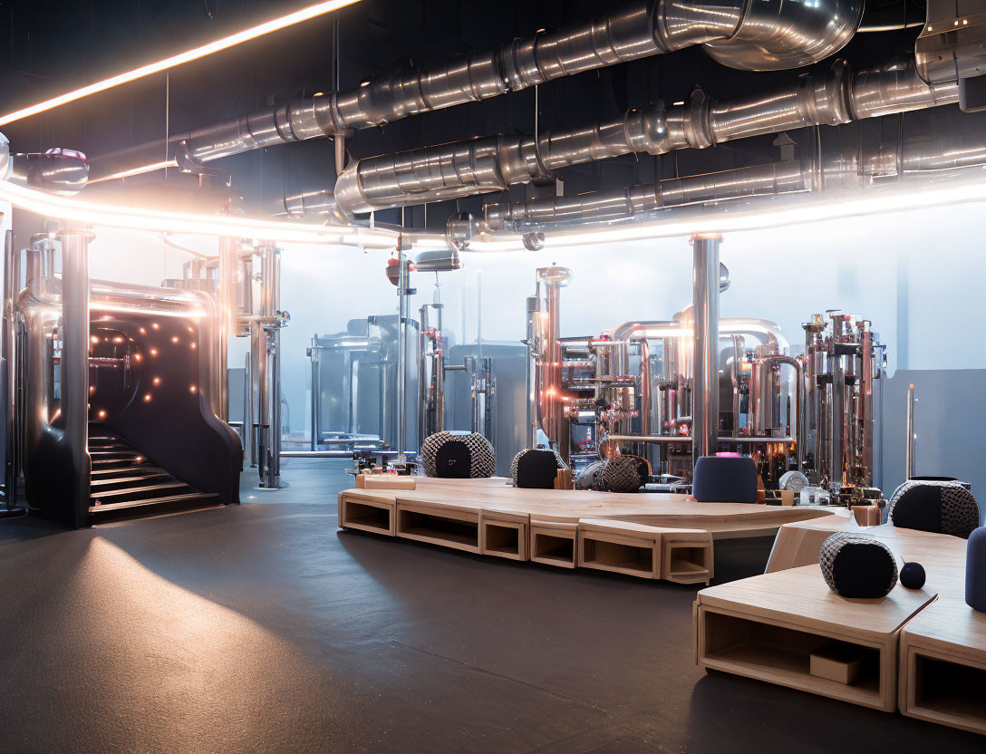 Contemporary Brewery Interior with Stainless Steel Tanks and Brewing Equipment