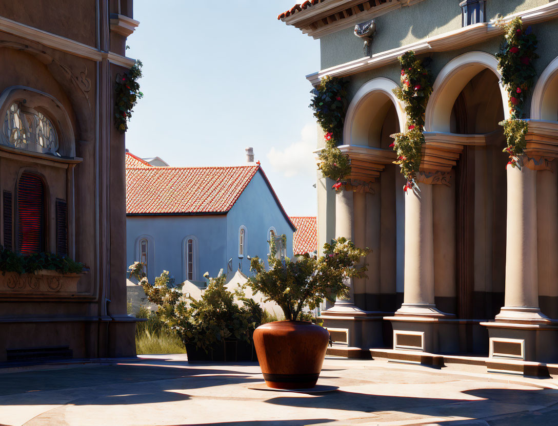 Tranquil courtyard with terracotta pots and lush plants in elegant setting