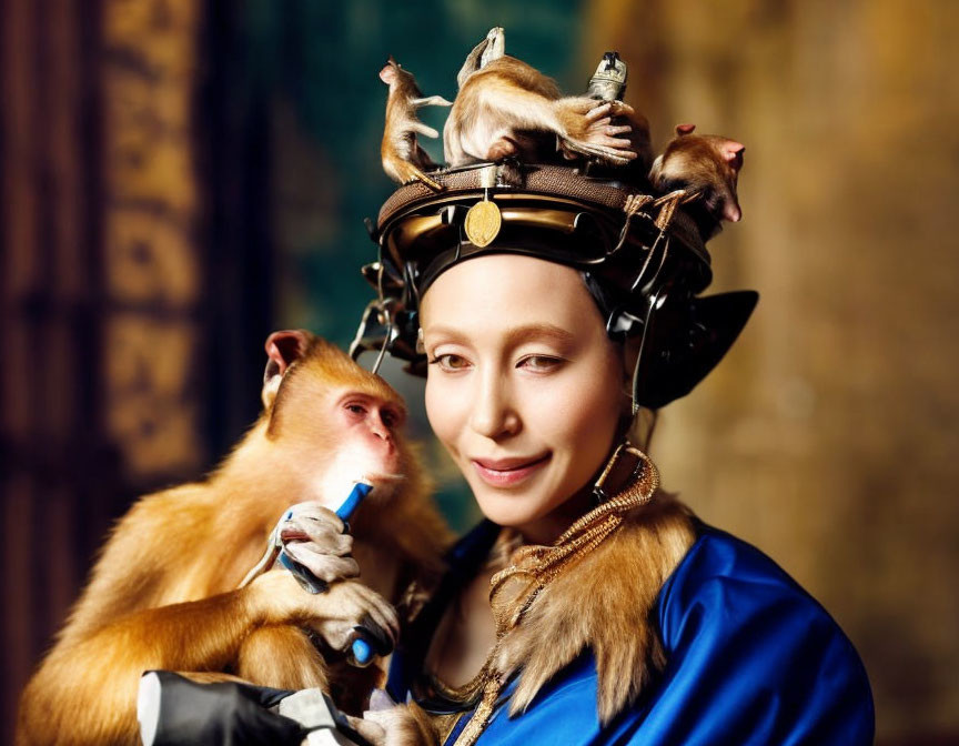 Woman in Blue Garment with Monkey Headgear Holding Playful Monkey