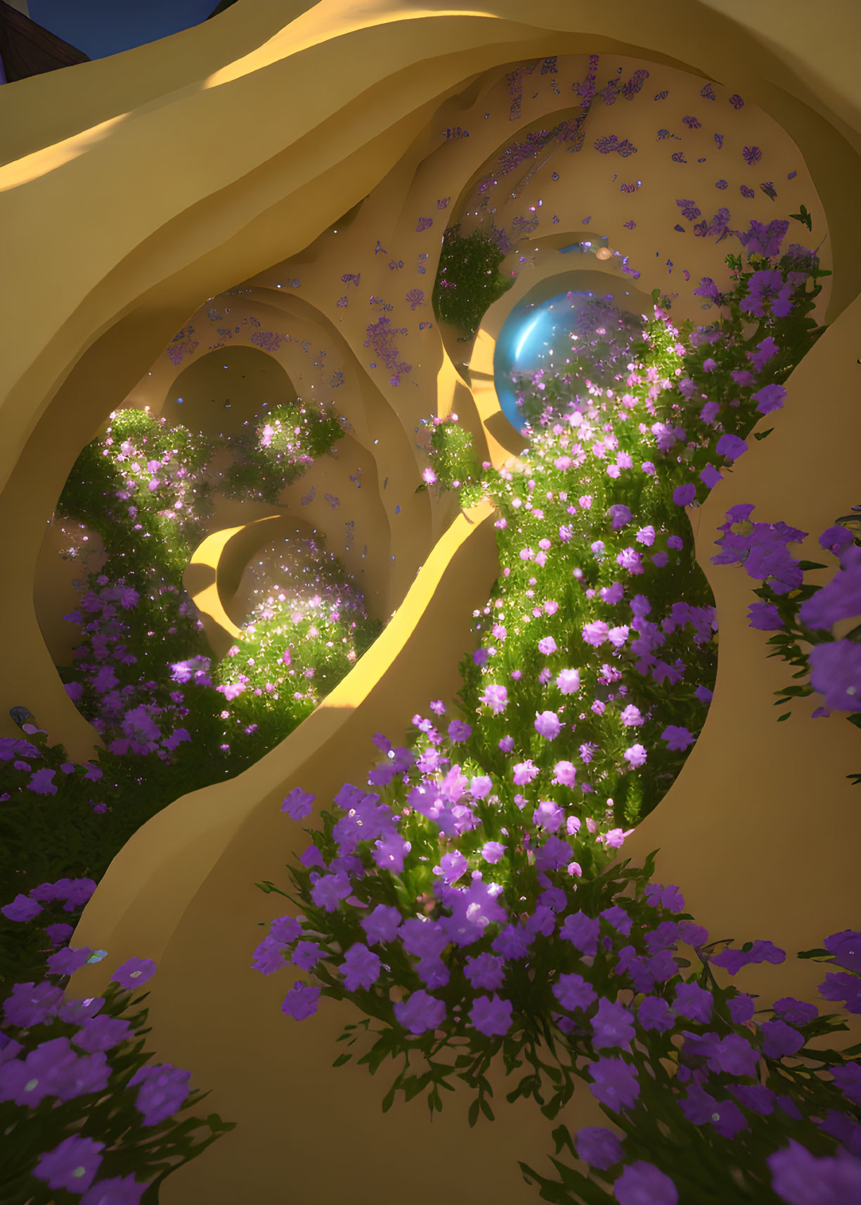 Golden surreal structure with holes, purple flowers, greenery, blue sky