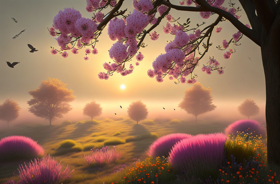 Tranquil sunrise landscape with cherry blossoms, pink grass, birds, wildflowers, and golden