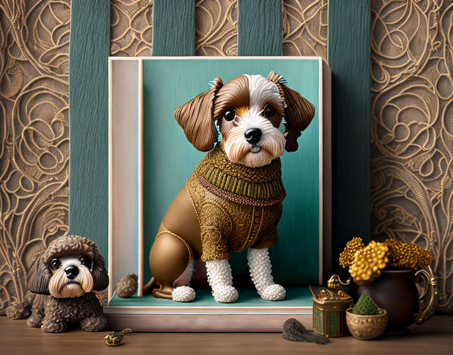 Stylized cartoon dog in sweater with dog sculpture and gold coins on shelf