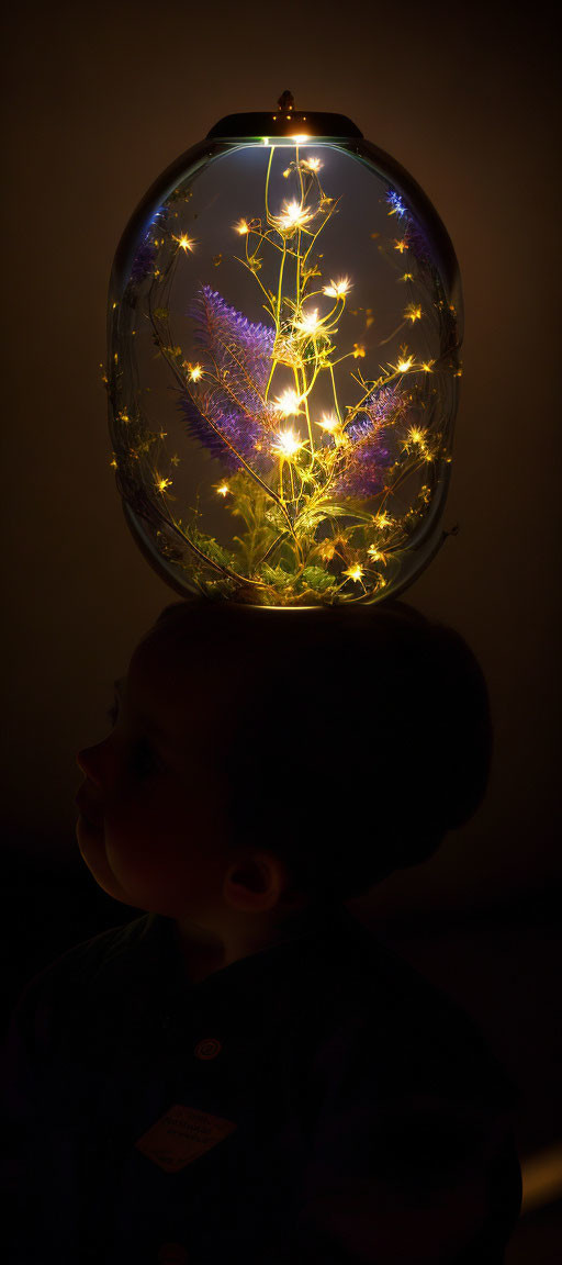 Child admires glowing glass lamp with illuminated flowers inside