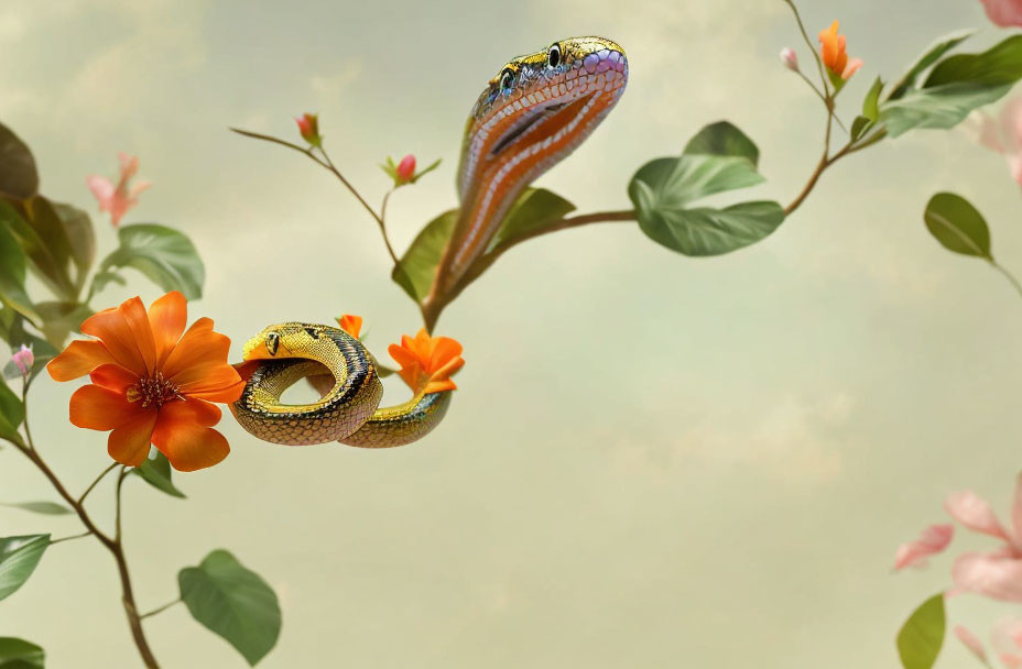 Colorful Snake Wrapped Around Branch with Flowers on Green-Yellow Background