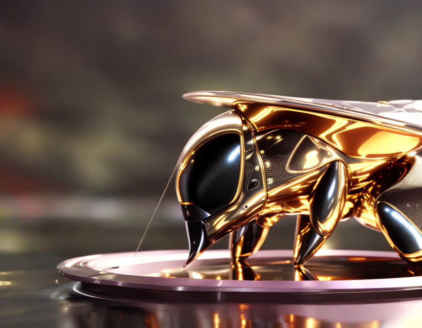 Shiny gold and black robotic bee on metallic surface