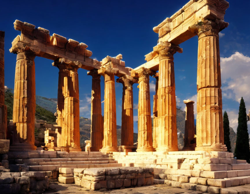 Ancient Roman temple ruins with Corinthian columns in golden sunlight