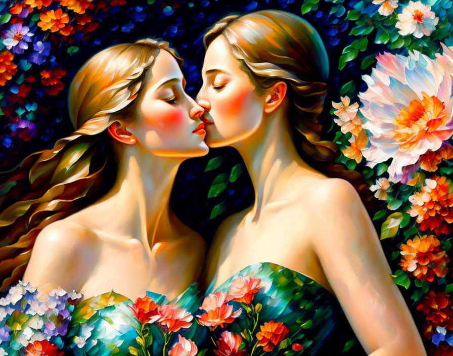 Two women kissing in floral dresses amidst vibrant flowers