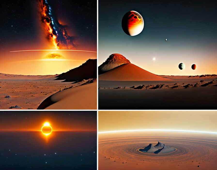 Sci-Fi Collage: Extraterrestrial Landscapes with Sunsets, Planets, and Solar