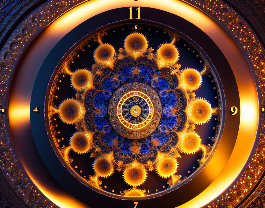 Detailed Fractal Art Clock with Ornate Patterns in Blue and Gold