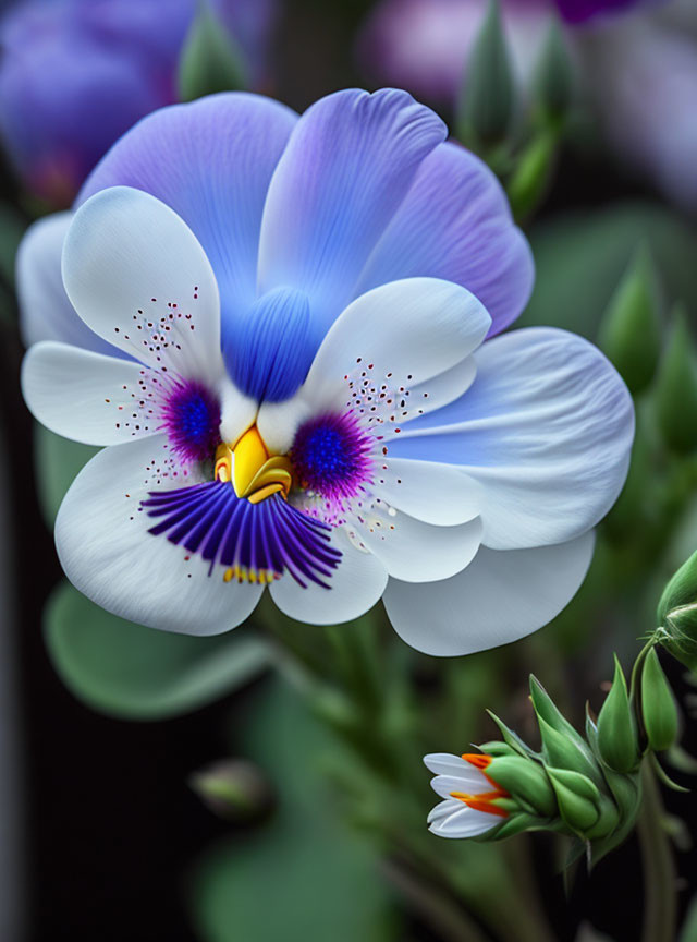 Blue and White Pansy with Yellow Center on Green Foliage