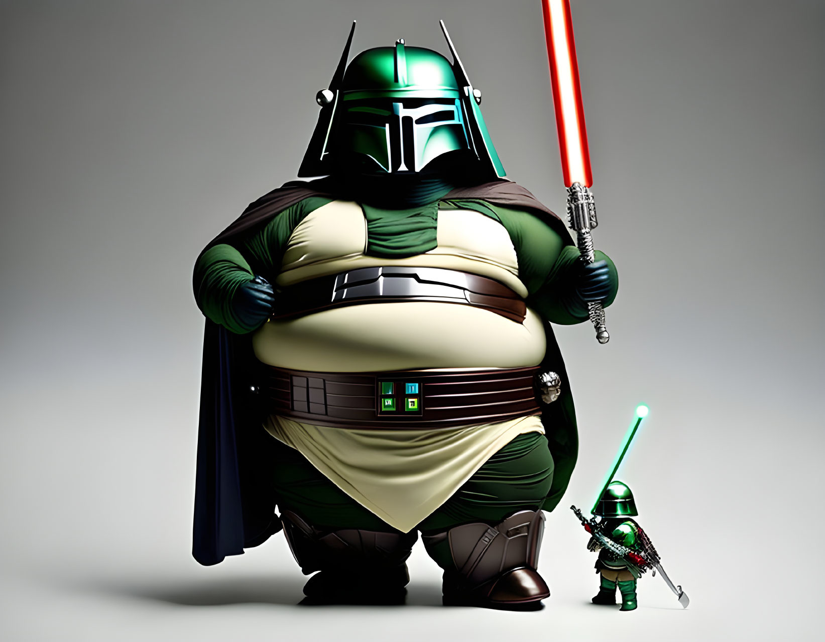 Sci-fi armor caricature with oversized & miniature figures wielding lightsabers