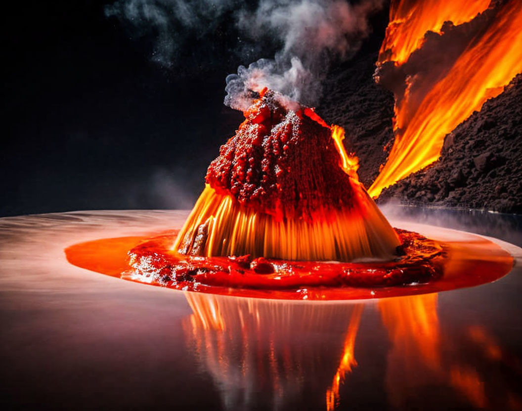 Miniature volcano eruption with flowing lava on reflective surface