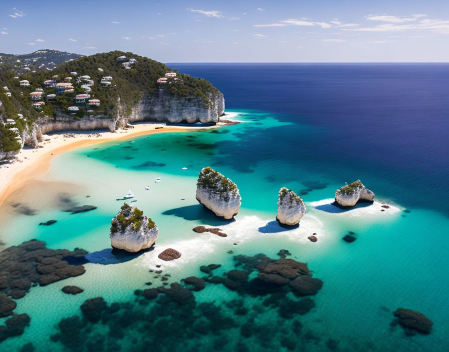 Tranquil Bay with Turquoise Water, Sandy Beach, and Coastal Homes
