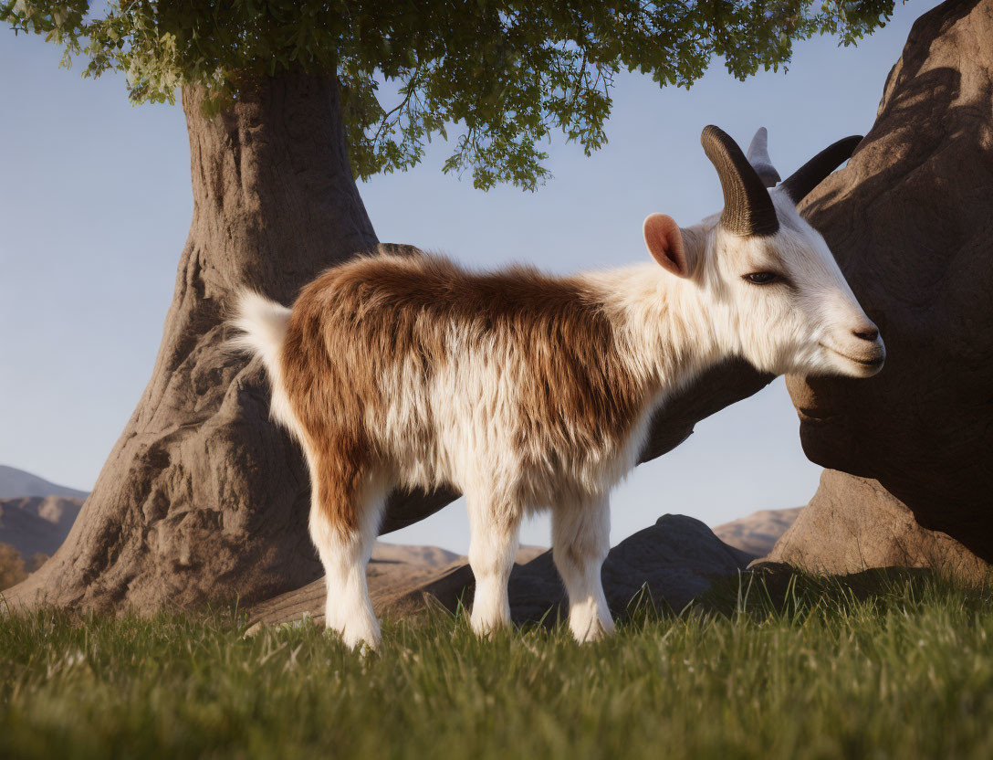 Brown and white fur goat in sunlit field with tree and rocks.