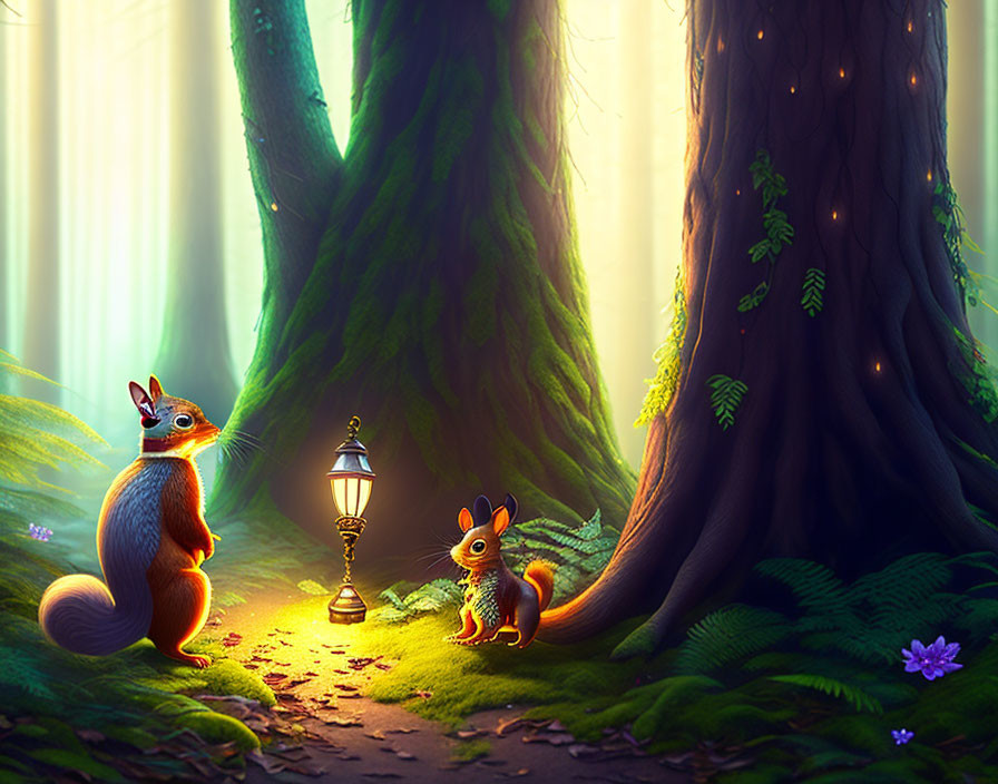 Animated squirrels by lantern in mystical forest with sunlight rays