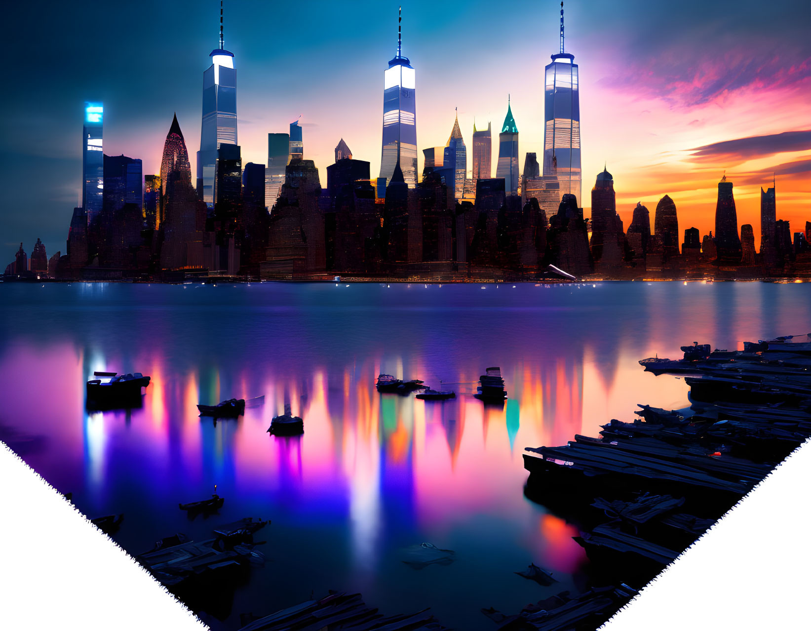 Colorful sunset skyline with illuminated skyscrapers and boats reflected in water