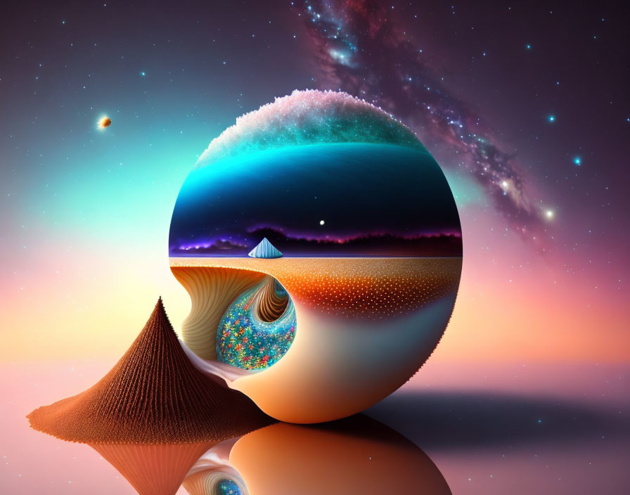 Surreal landscape with spherical object reflecting starry sky