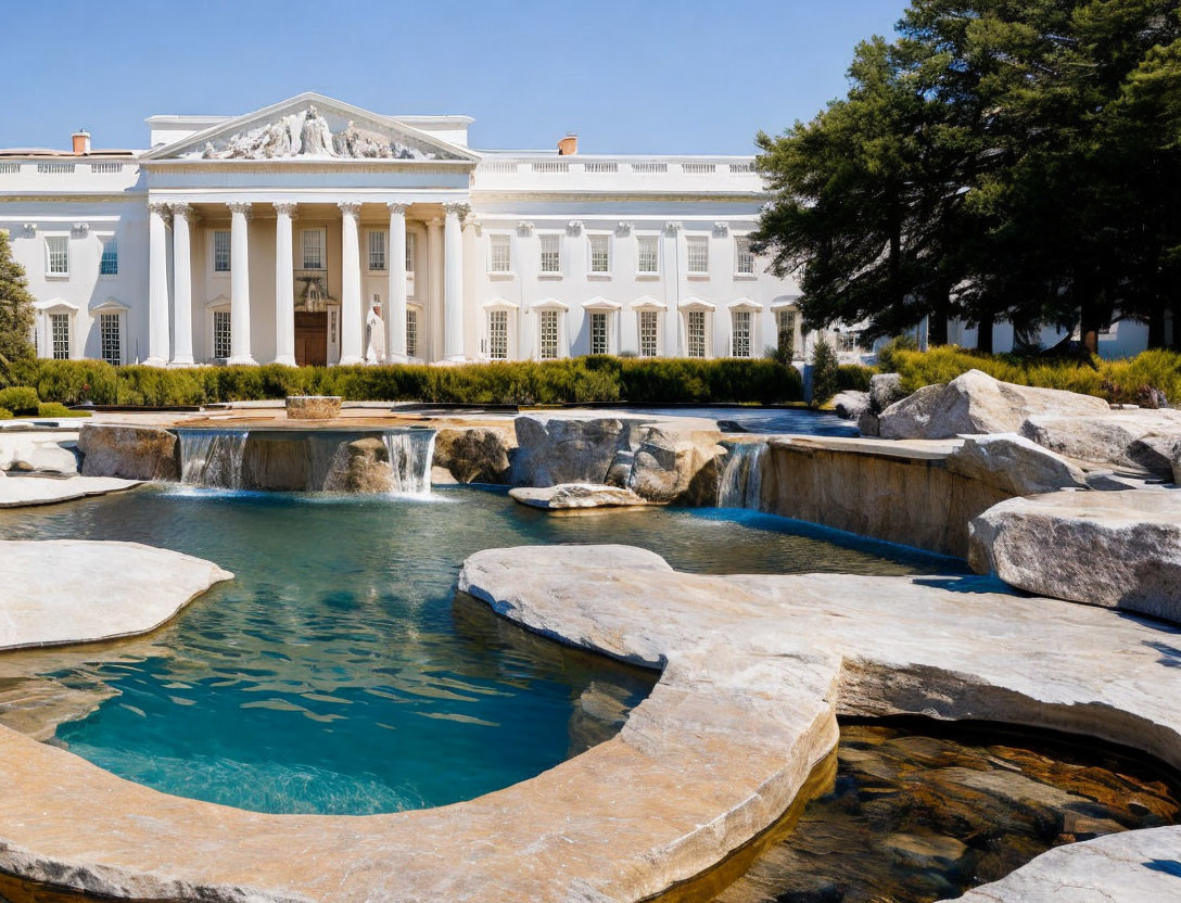 Tranquil artificial pond with cascading water and classical building.