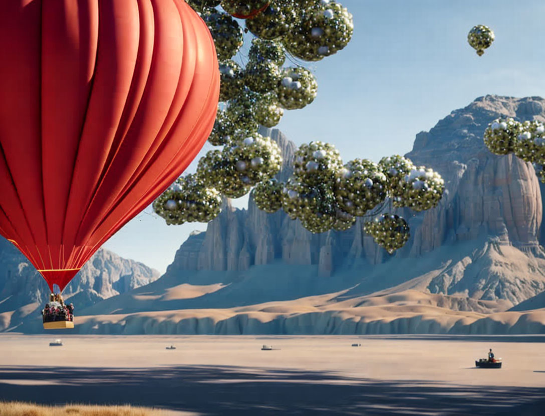 Hot air balloon drifts over desert with mirrored spheres in surreal sky