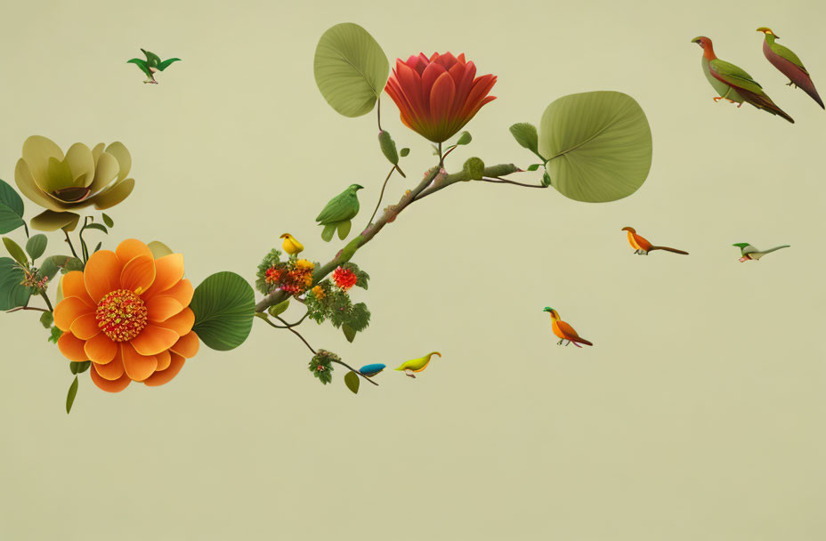 Whimsical branch with stylized flowers, exotic birds, and hummingbirds on pale green background