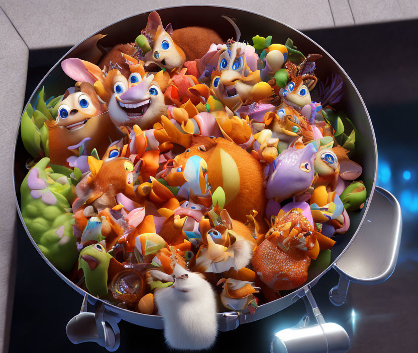 Colorful 3D rendering of cartoon animals overflowing from frying pan