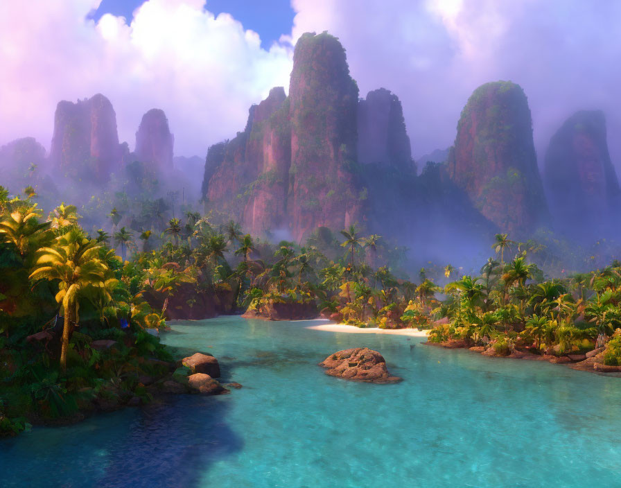 Tranquil tropical landscape with palm trees, blue river, and misty mountains