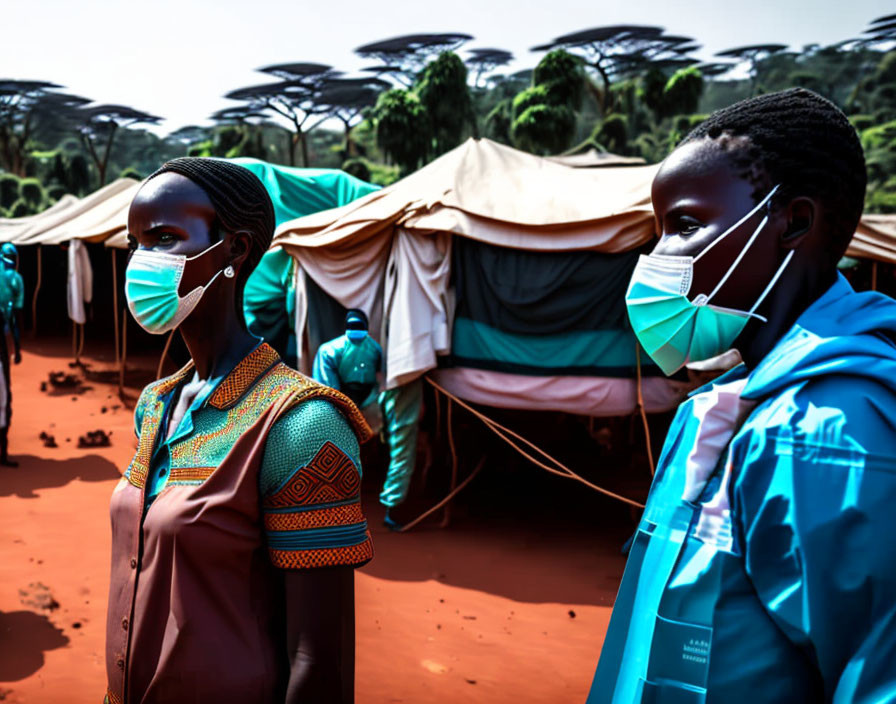 Two people in face masks by tents with unique trees in background.