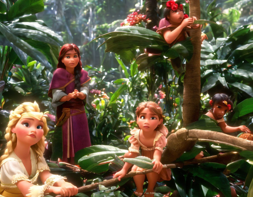 Colorful animated characters exploring lush jungle environment.