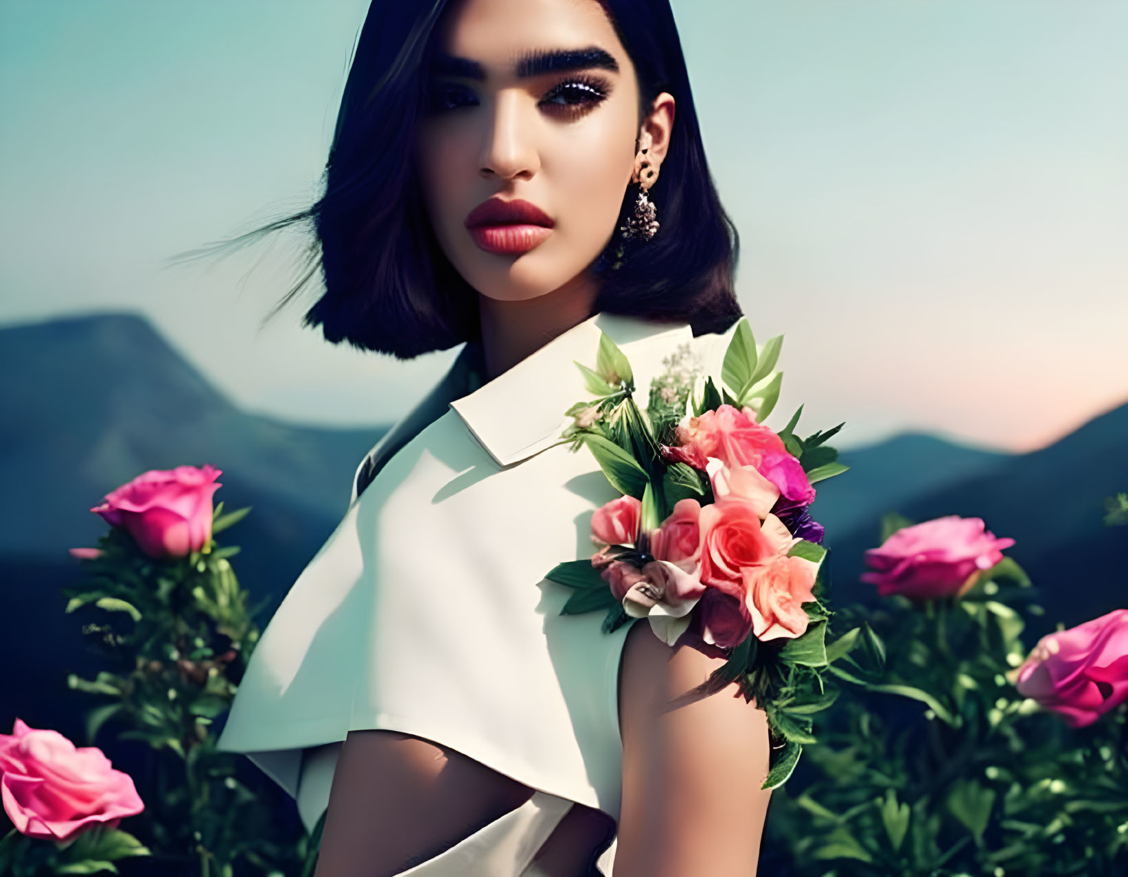 Woman with Bob Haircut in White Outfit Holding Pink Roses Against Mountain Dusk