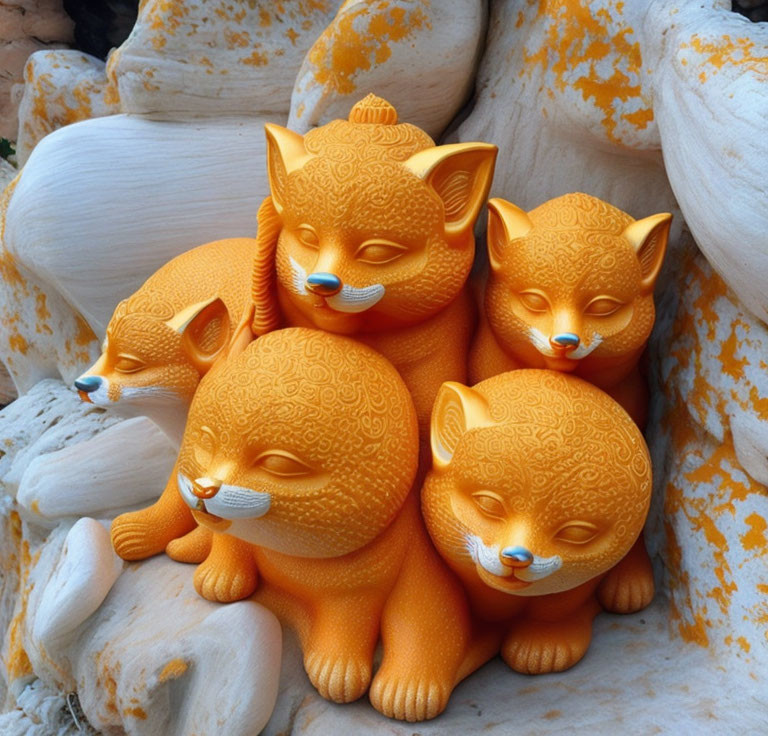 Intricate Orange Fox Sculptures on Creamy White Background