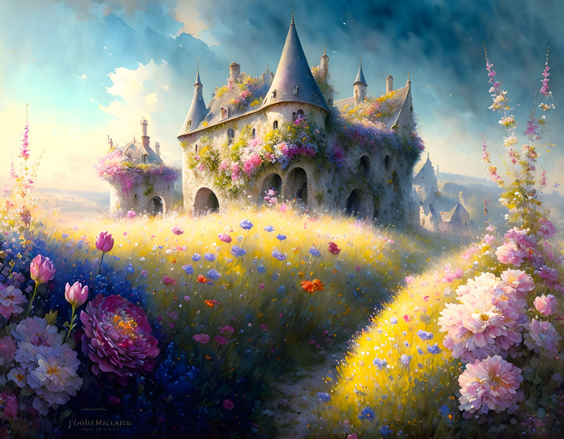 Castle surrounded by blossoming flowers on sunlit hill - vibrant, dreamlike setting