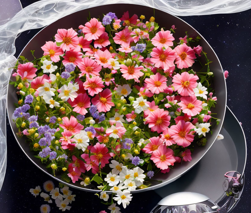 Colorful flower arrangement in circular bowl on dark backdrop