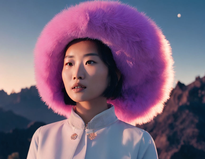 Serene woman in white top with purple fluffy headpiece against twilight sky