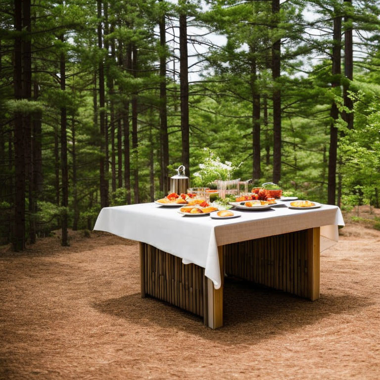Outdoor Dining Table Set in Pine Forest with Fresh Food and Drinks