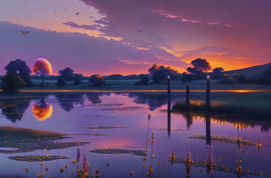 Tranquil lake at violet-pink sunset with birds, trees, and glowing flowers