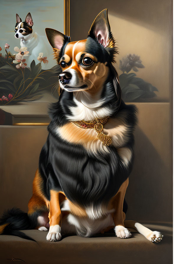 Regal Chihuahua with gold necklace in front of playful dog painting