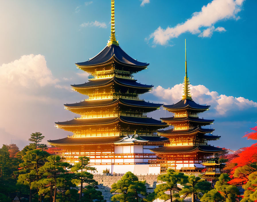 Golden-highlighted five-story pagoda in autumnal setting against blue sky