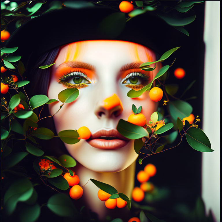 Stylized portrait of woman with orange makeup in nature setting