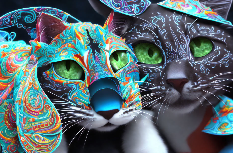 Colorful digital artwork featuring two cats with psychedelic patterns and green eyes