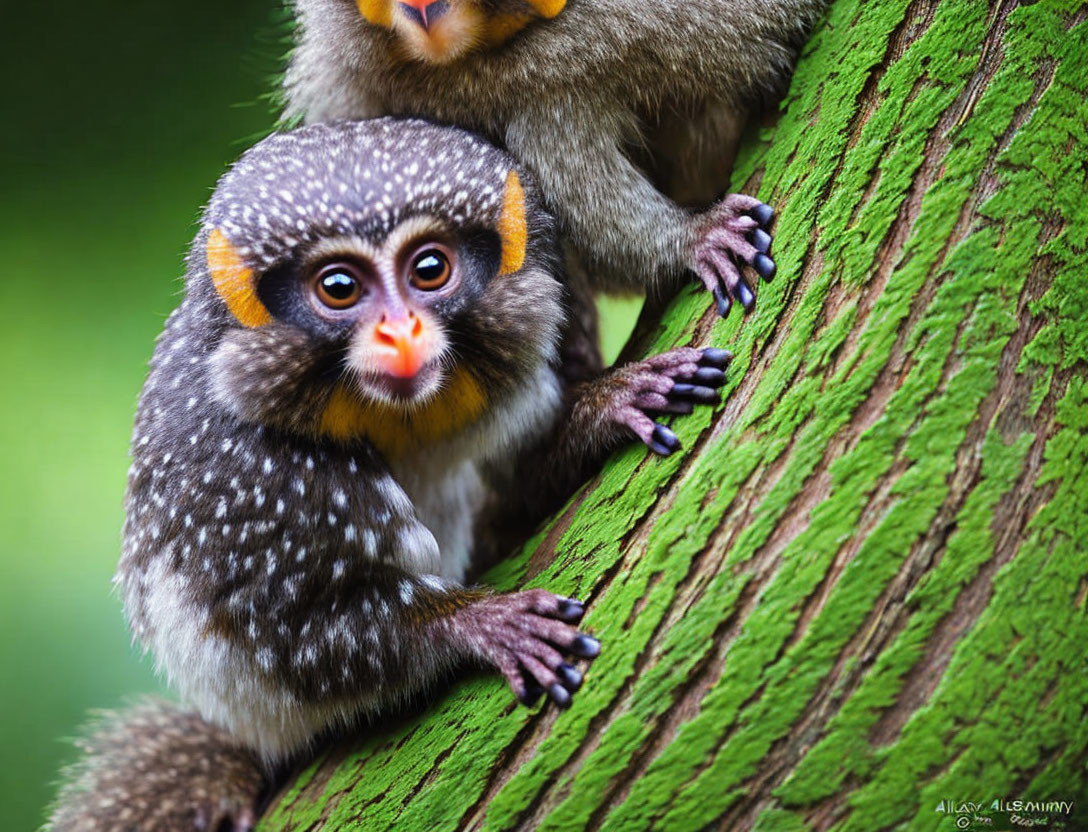 Speckle-faced monkey on moss-covered tree trunk gazes curiously