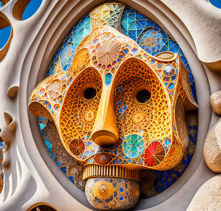 Abstract sculpture with colorful textures and whimsical face features