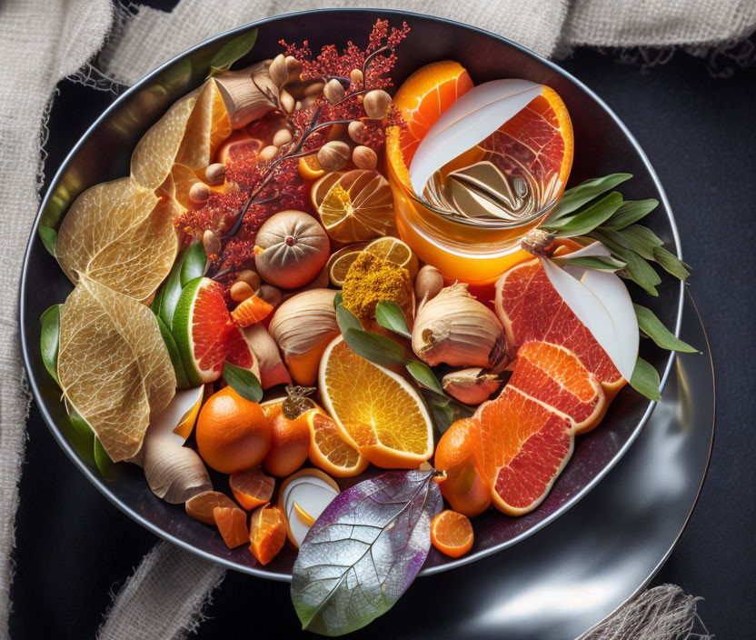 Colorful Citrus Fruit, Nuts, Spices, and Aromatic Leaves Arrangement