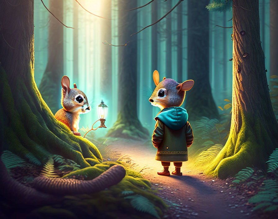 Anthropomorphic mice in mystical forest with lantern and sunbeams.