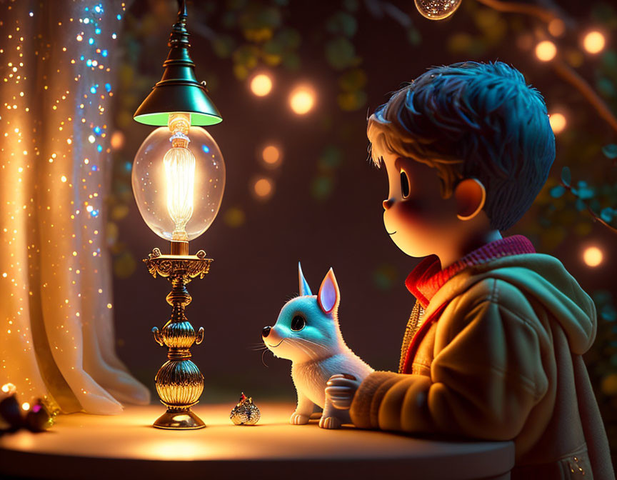 Boy and cartoon fox by vintage lamp and window with glowing trees and bokeh lights