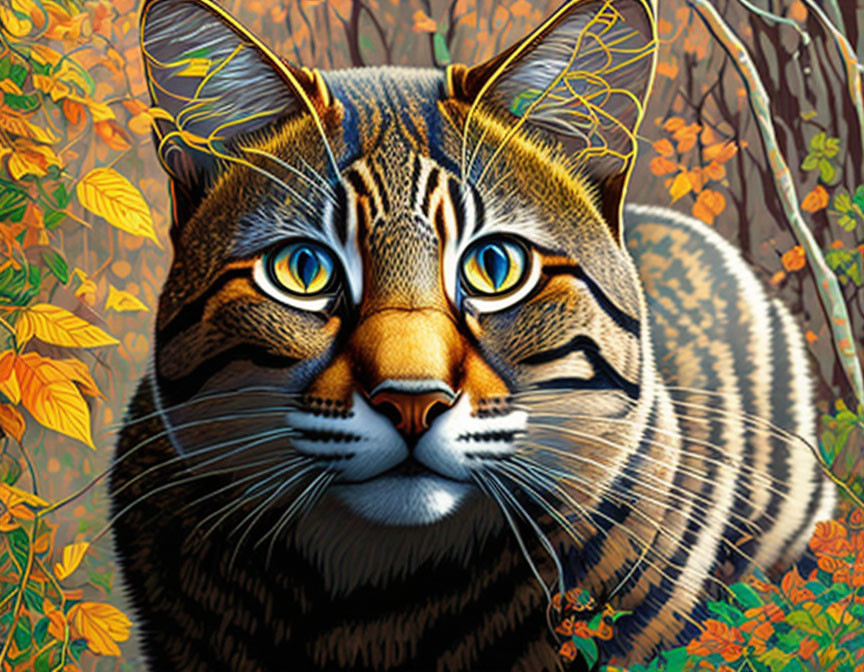 Colorful Cat Illustration with Exaggerated Eyes in Autumnal Background