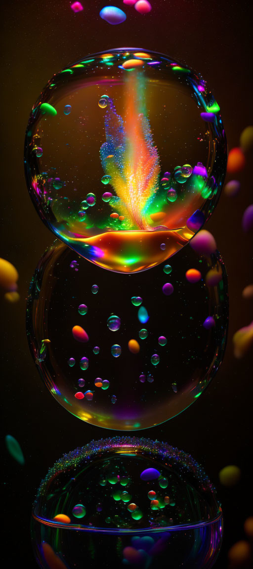 Iridescent soap bubbles on dark background with mirroring effect