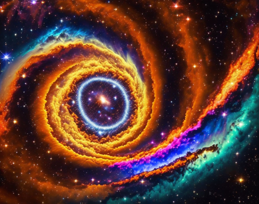 Vibrant Cosmic Image with Orange, Blue, and Purple Swirling Patterns