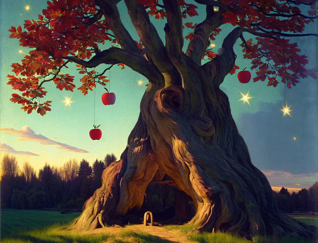 Illustration of Hollow Tree with Glowing Orbs and Red Apples at Dusk