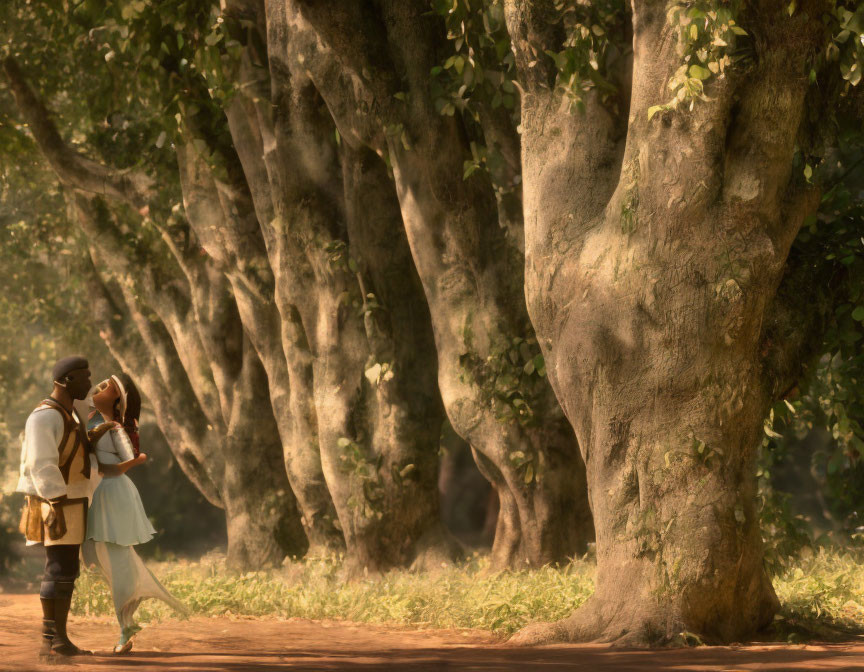 Romantic couple under large trees in dappled sunlight